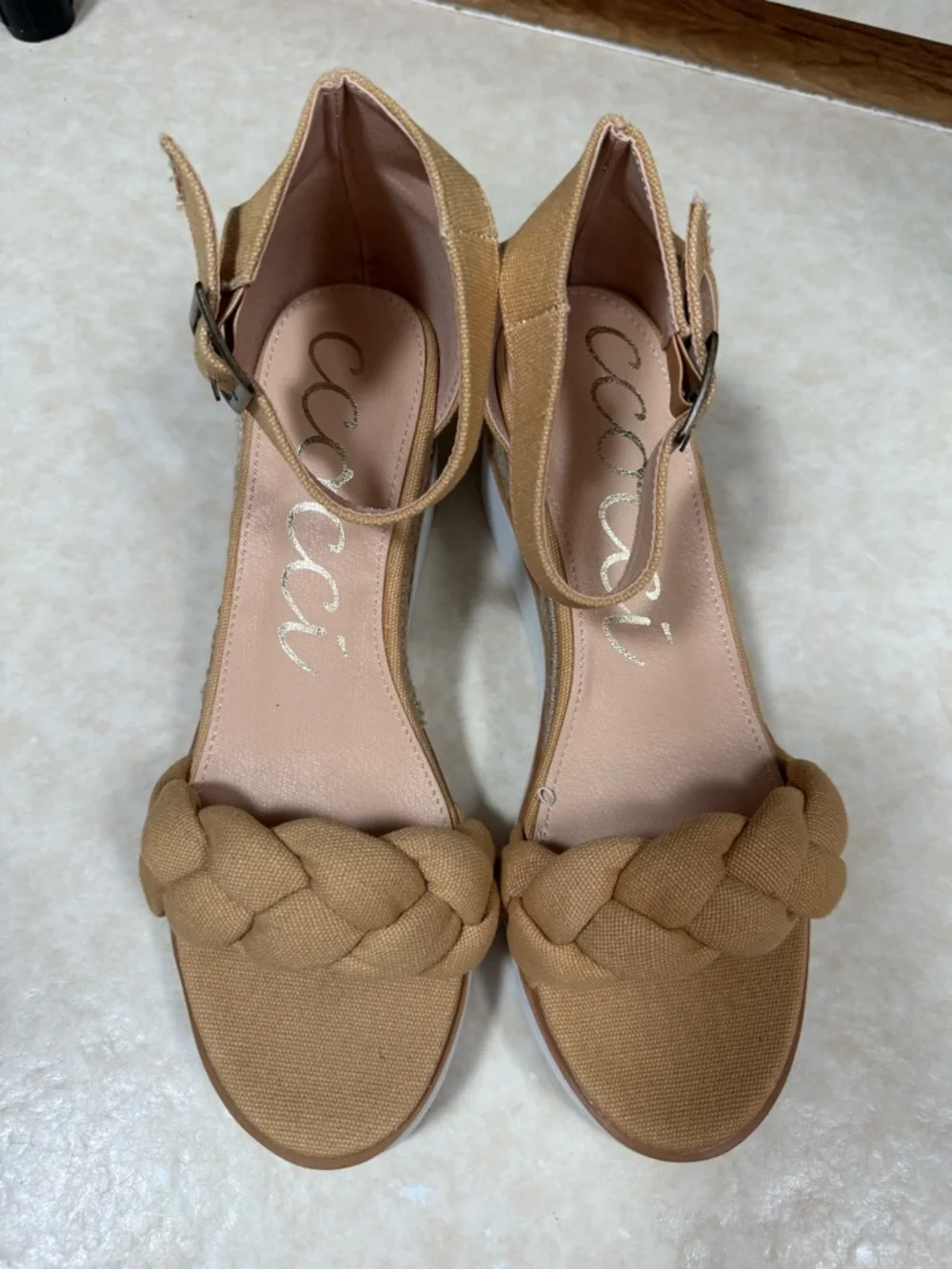 Ccocci Paloma Camel/Tan Braided Canvas Wedge Sandals 10
